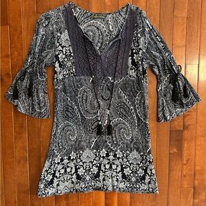 Chelsea & Theodore Navy Blue Paisley Women's Tunic Top Coverup Size Small